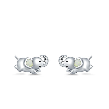 Baby Elephant Stud Earrings Lab Created White Opal 925 Sterling Silver (6mm)
